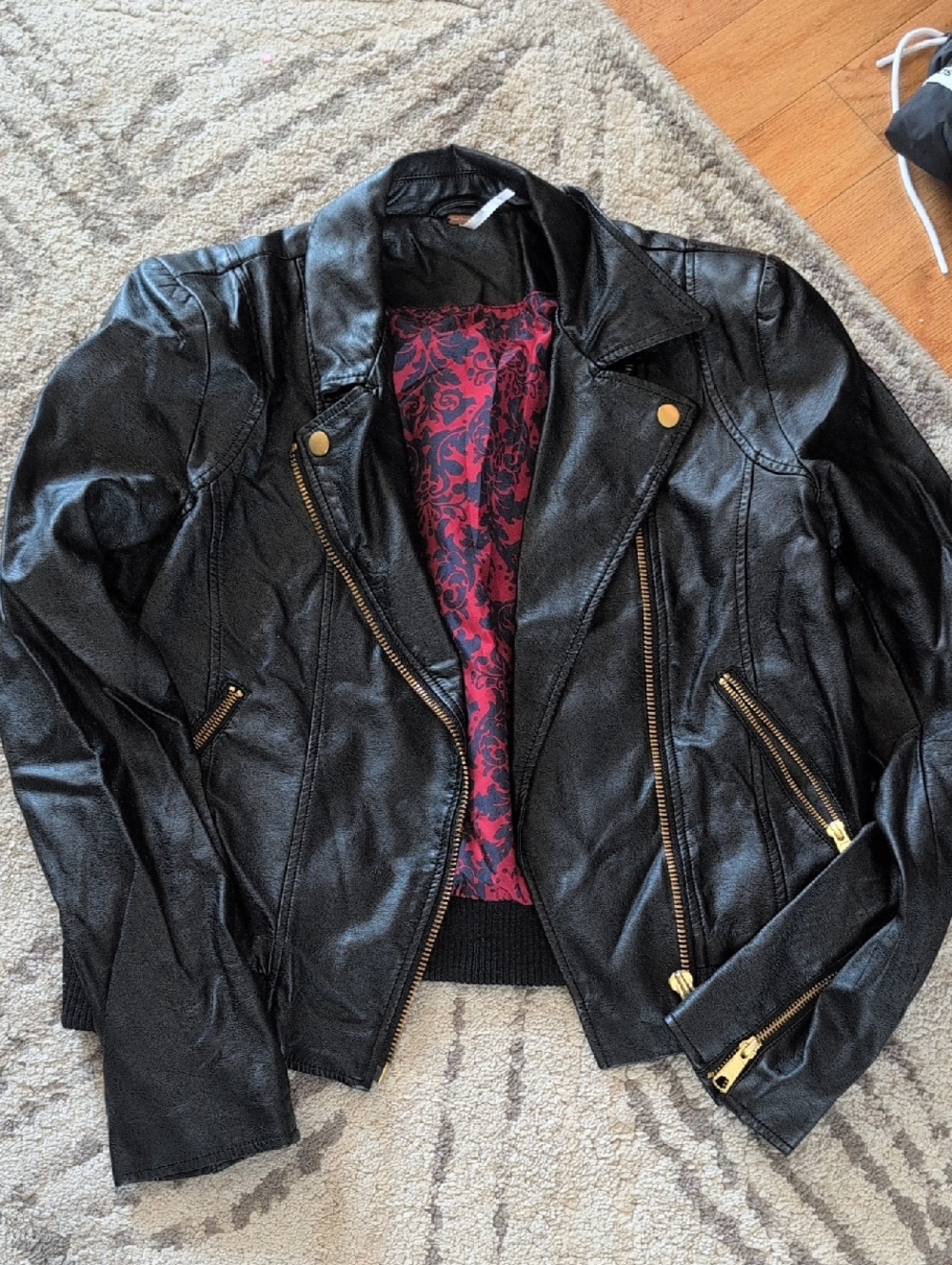 Free People Black Faux Leather Moto Jacket with Red Paisley Lining